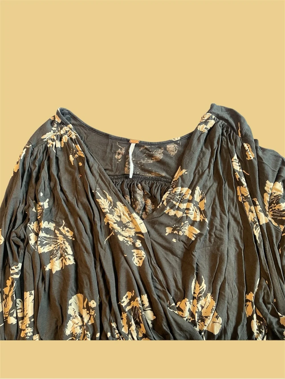 Free People Black Floral Wrap Crop Top with Yellow Print
